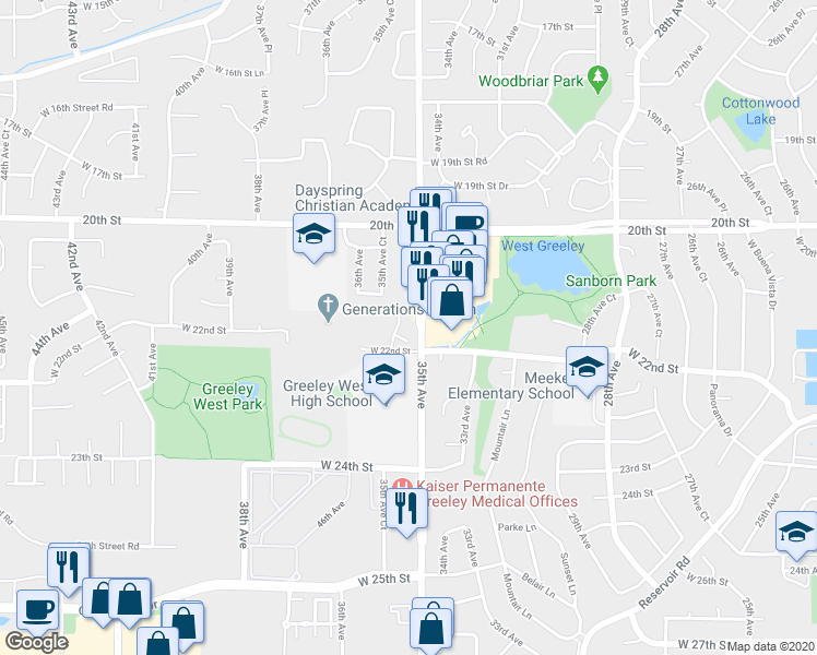 map of restaurants, bars, coffee shops, grocery stores, and more near 4 35th Avenue Court in Greeley