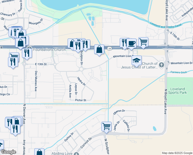 map of restaurants, bars, coffee shops, grocery stores, and more near 2930 Mountain Lion Drive in Loveland