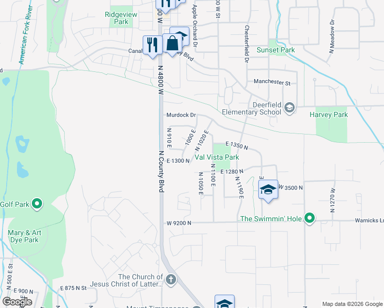 map of restaurants, bars, coffee shops, grocery stores, and more near 1362 North 1000 East in American Fork