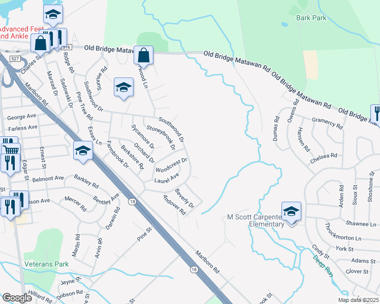 map of restaurants, bars, coffee shops, grocery stores, and more near 118 Southwood Drive in Old Bridge