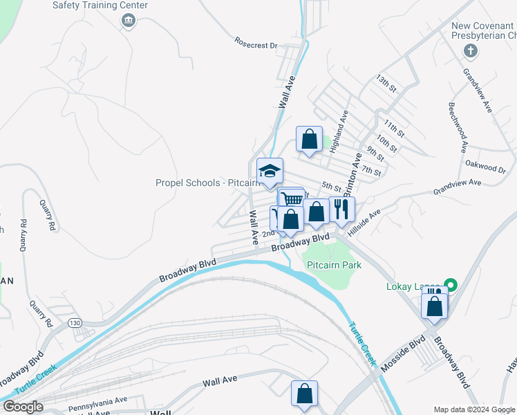 map of restaurants, bars, coffee shops, grocery stores, and more near 417 Wall Avenue in Pitcairn