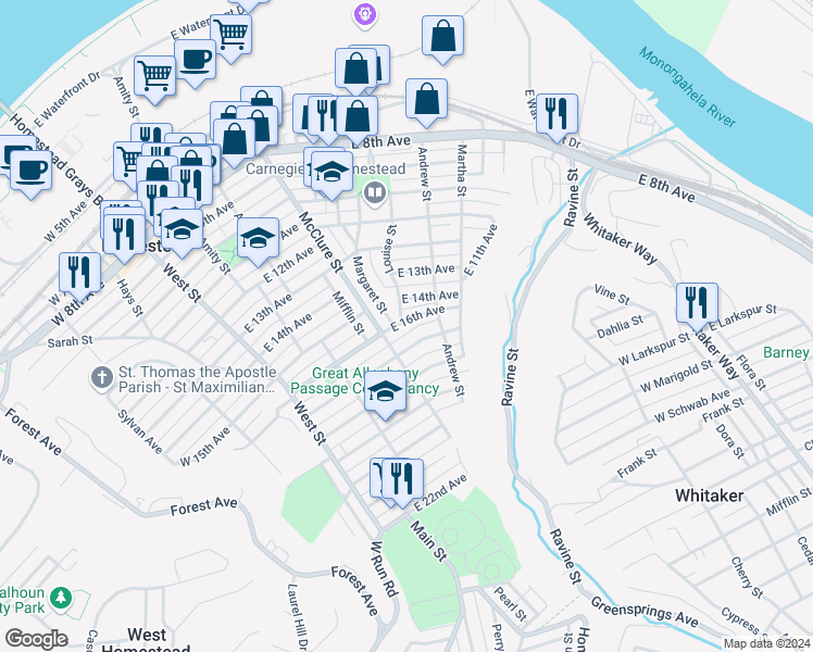 map of restaurants, bars, coffee shops, grocery stores, and more near 1402 Louise Street in Munhall