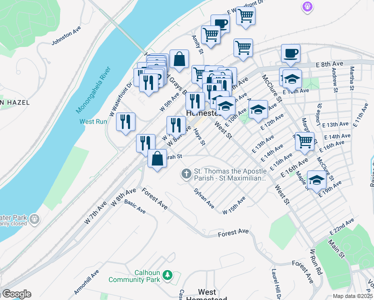 map of restaurants, bars, coffee shops, grocery stores, and more near 237 West Hazel Way in West Homestead