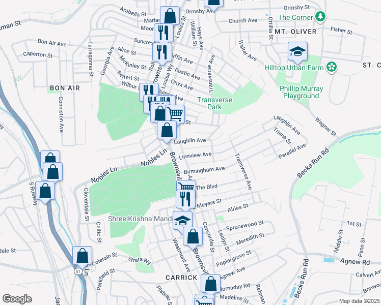 map of restaurants, bars, coffee shops, grocery stores, and more near 102 Laughlin Avenue in Pittsburgh