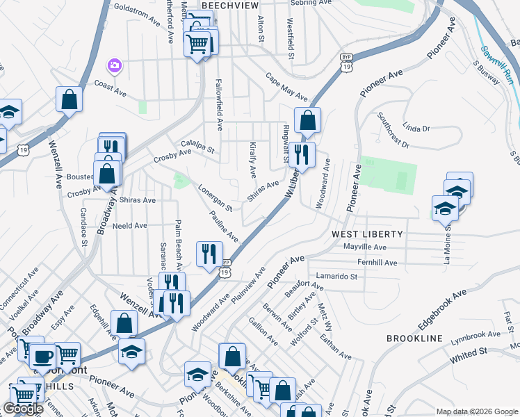 map of restaurants, bars, coffee shops, grocery stores, and more near 1998 Texdale Street in Pittsburgh