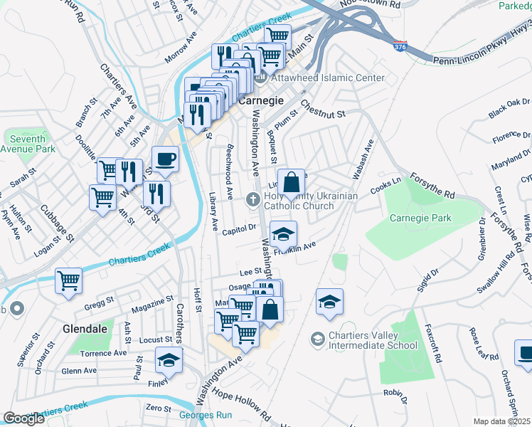map of restaurants, bars, coffee shops, grocery stores, and more near 715 Washington Avenue in Carnegie