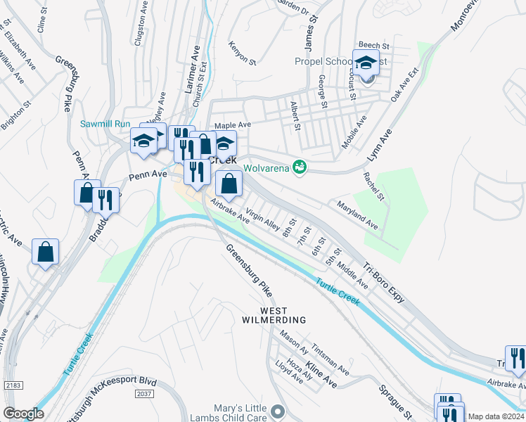 map of restaurants, bars, coffee shops, grocery stores, and more near 116 10th Street in Turtle Creek