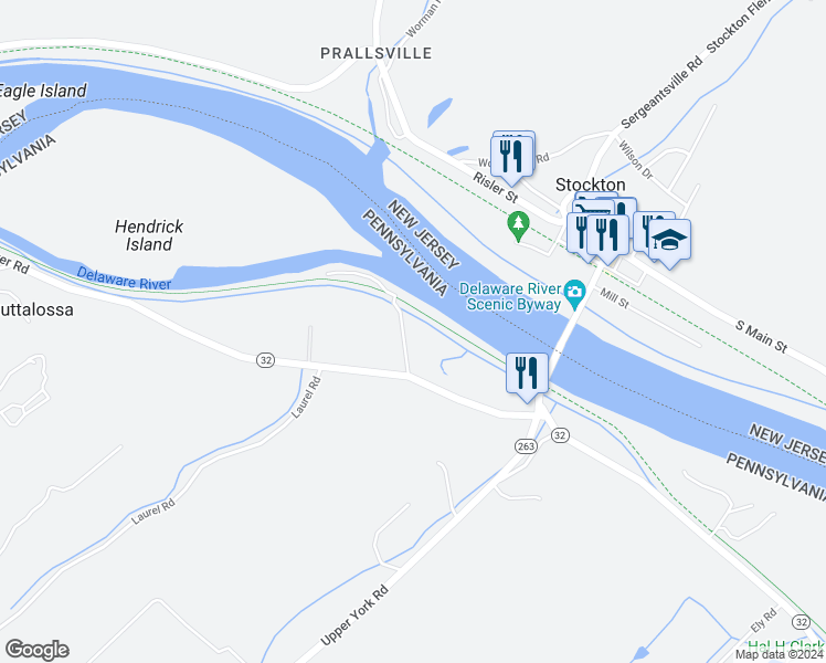 map of restaurants, bars, coffee shops, grocery stores, and more near 3044 River Road in New Hope