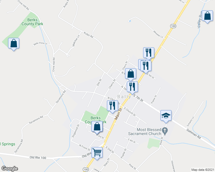 map of restaurants, bars, coffee shops, grocery stores, and more near 230 North 7th Street in Bally