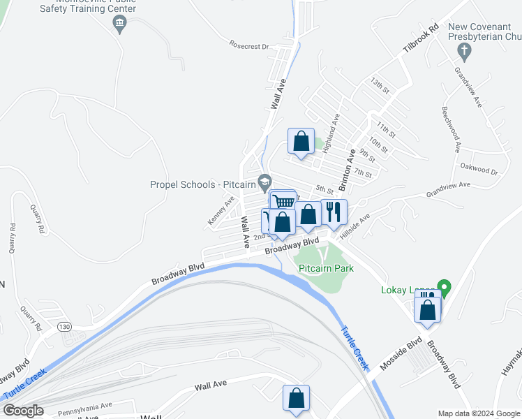 map of restaurants, bars, coffee shops, grocery stores, and more near 443 Eleanor Street in Pitcairn