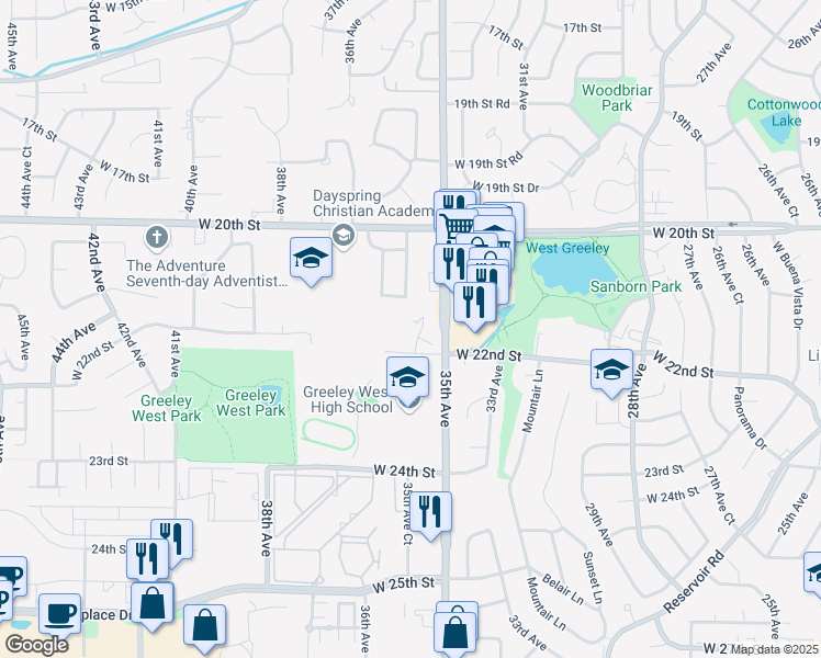 map of restaurants, bars, coffee shops, grocery stores, and more near 2183 35th Avenue in Greeley