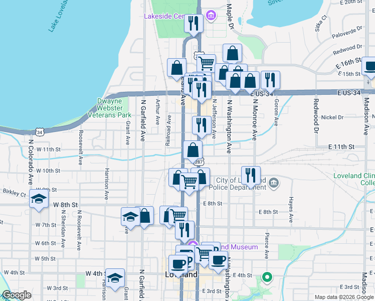 map of restaurants, bars, coffee shops, grocery stores, and more near 1109 North Lincoln Avenue in Loveland