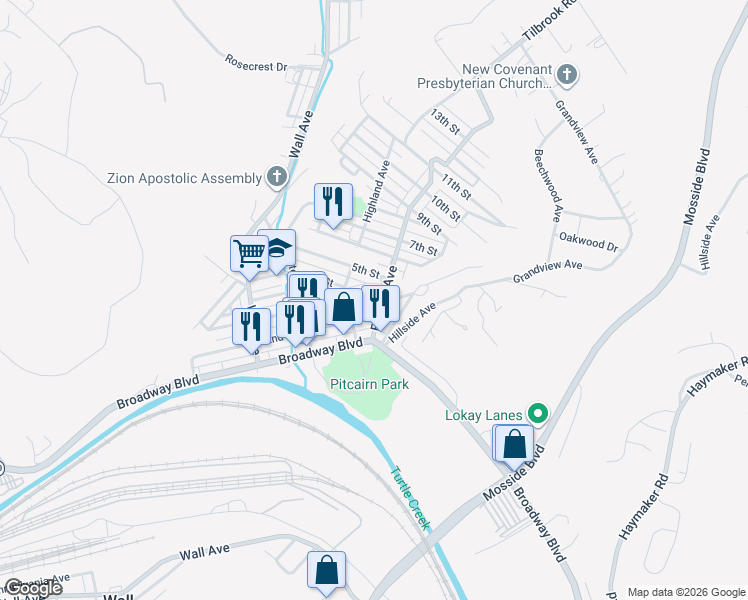 map of restaurants, bars, coffee shops, grocery stores, and more near 403 Brinton Avenue in Pitcairn