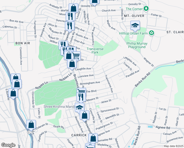 map of restaurants, bars, coffee shops, grocery stores, and more near 136 Laughlin Avenue in Pittsburgh