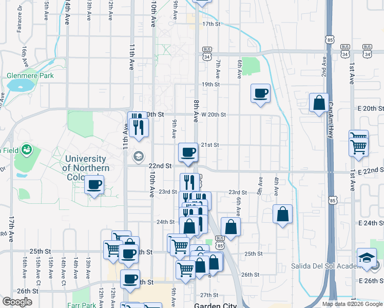 map of restaurants, bars, coffee shops, grocery stores, and more near 2102 U.S. 85 Business in Greeley