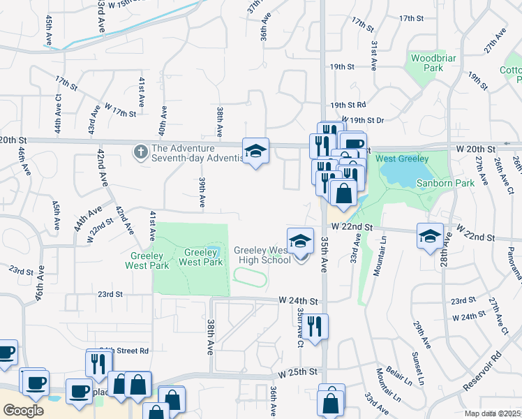 map of restaurants, bars, coffee shops, grocery stores, and more near 3600 West 22nd Street in Greeley