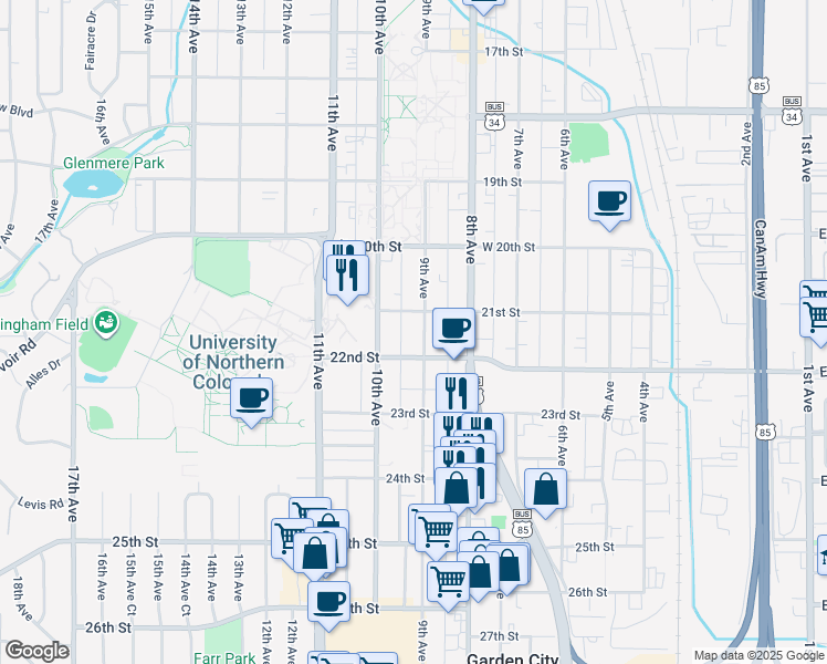 map of restaurants, bars, coffee shops, grocery stores, and more near 924 21st Street in Greeley