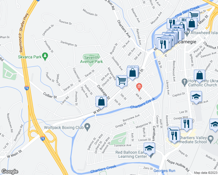 map of restaurants, bars, coffee shops, grocery stores, and more near 607 5th Avenue in Carnegie