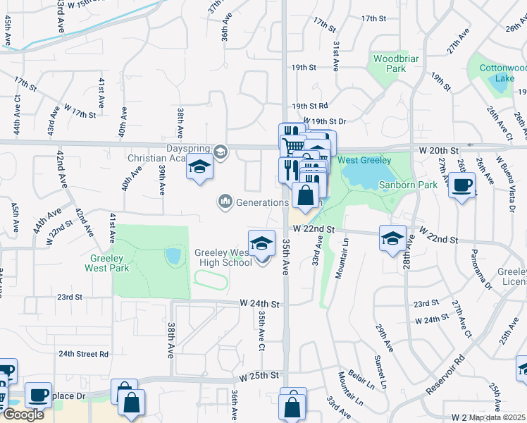 map of restaurants, bars, coffee shops, grocery stores, and more near 4 35th Avenue Court in Greeley