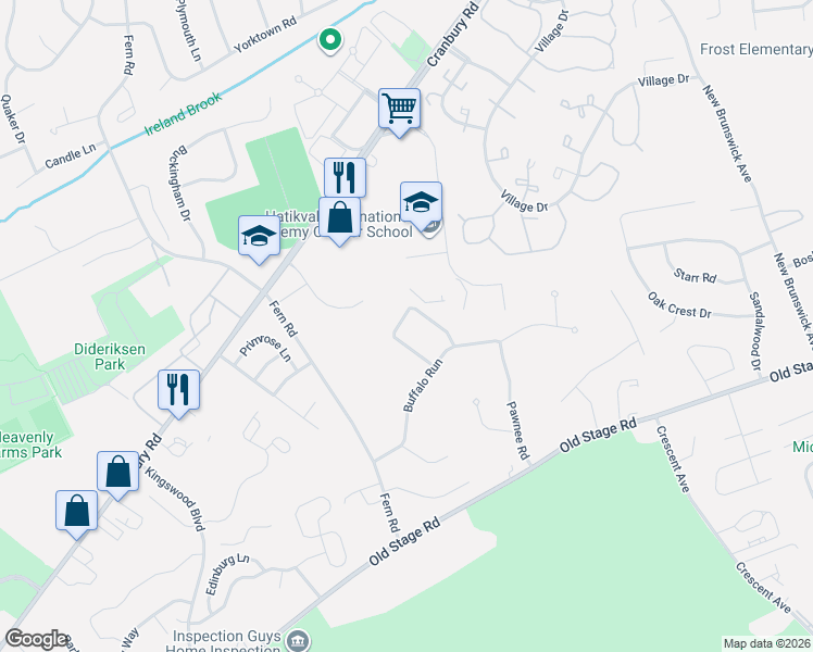 map of restaurants, bars, coffee shops, grocery stores, and more near 15 Cherokee Road in East Brunswick
