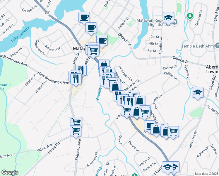 map of restaurants, bars, coffee shops, grocery stores, and more near 1000 Highway 34 in Matawan