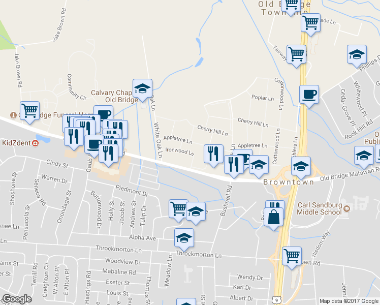 map of restaurants, bars, coffee shops, grocery stores, and more near 11 Ironwood Lane in Old Bridge Township