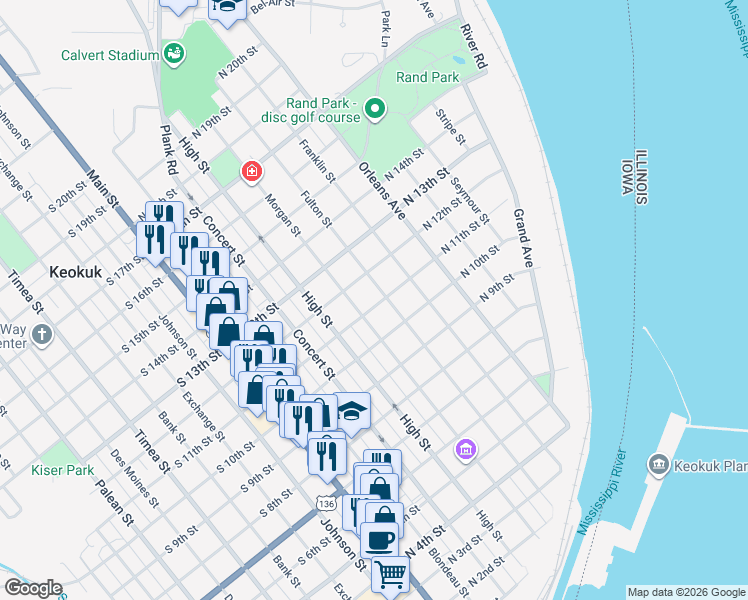 map of restaurants, bars, coffee shops, grocery stores, and more near 1109 Fulton Street in Keokuk