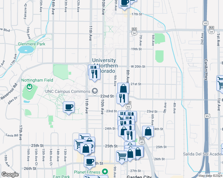 map of restaurants, bars, coffee shops, grocery stores, and more near 924 21st Street in Greeley