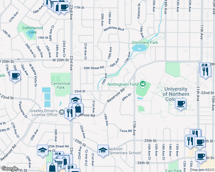 map of restaurants, bars, coffee shops, grocery stores, and more near 2124 19th Avenue in Greeley