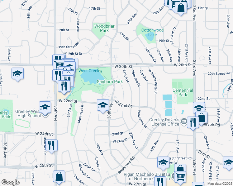 map of restaurants, bars, coffee shops, grocery stores, and more near 2133 28th Avenue Court in Greeley