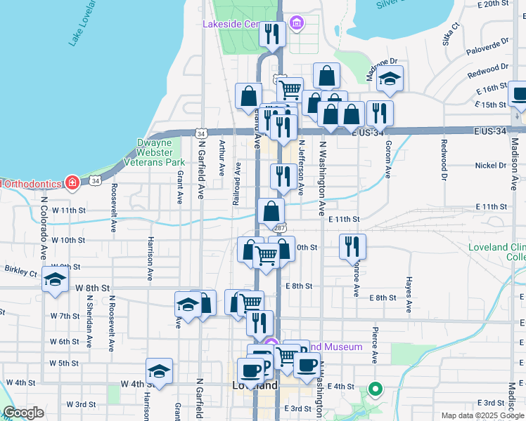 map of restaurants, bars, coffee shops, grocery stores, and more near 1109 North Lincoln Avenue in Loveland