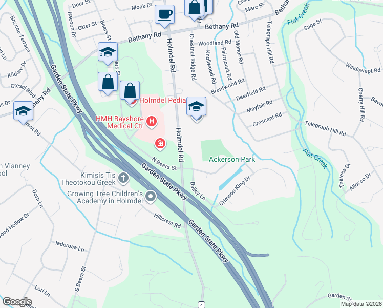 map of restaurants, bars, coffee shops, grocery stores, and more near 100 Crape Myrtle Drive in Holmdel