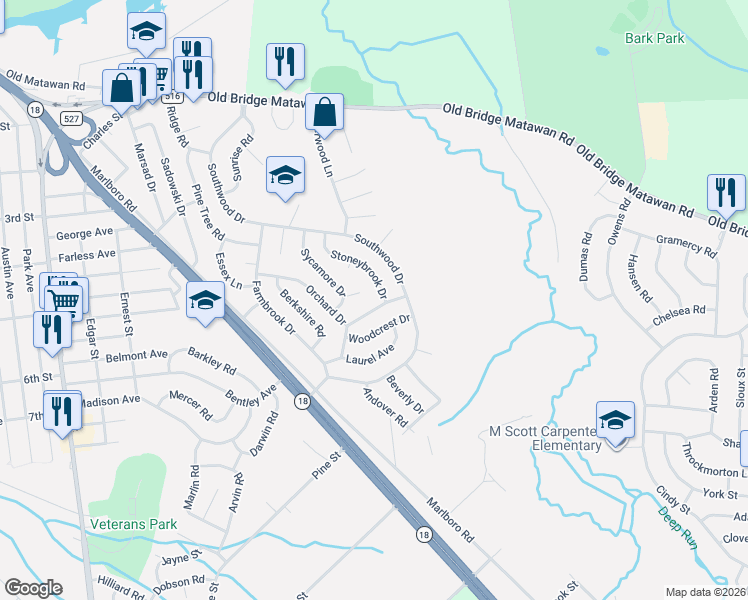 map of restaurants, bars, coffee shops, grocery stores, and more near 8 Dogwood Lane in Old Bridge