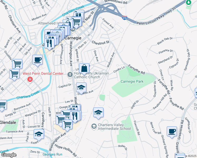 map of restaurants, bars, coffee shops, grocery stores, and more near 14 Federal Avenue in Carnegie