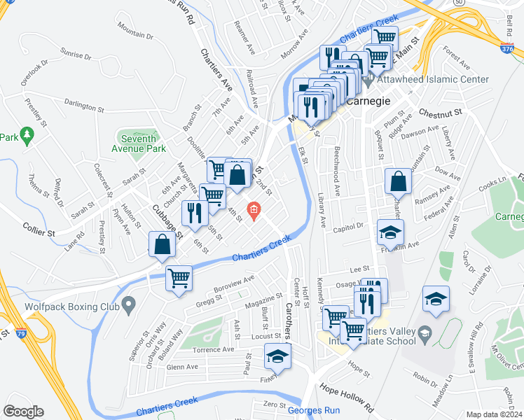 map of restaurants, bars, coffee shops, grocery stores, and more near 200 Diamond Alley in Carnegie