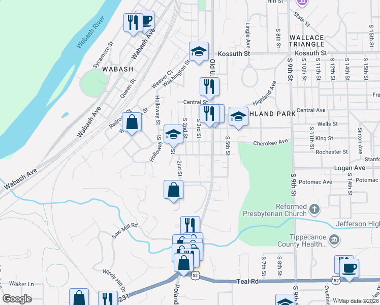 map of restaurants, bars, coffee shops, grocery stores, and more near 1305 South 2nd Street in Lafayette