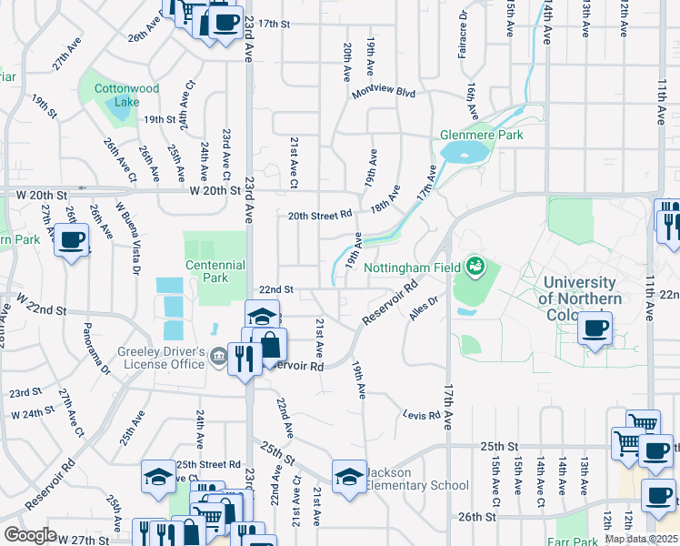 map of restaurants, bars, coffee shops, grocery stores, and more near 2145 19th Avenue in Greeley