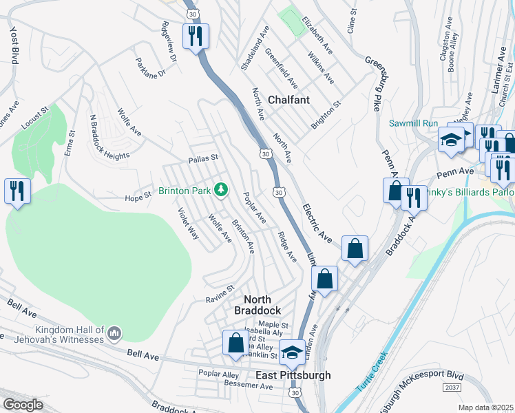 map of restaurants, bars, coffee shops, grocery stores, and more near 1505 Ridge Avenue in Braddock