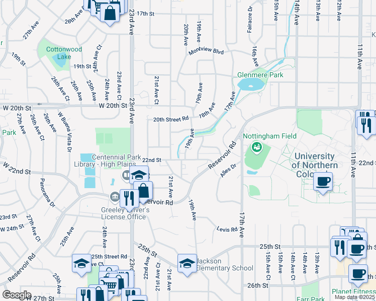 map of restaurants, bars, coffee shops, grocery stores, and more near 2142 19th Avenue in Greeley