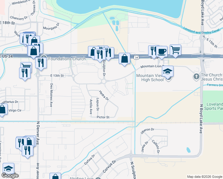 map of restaurants, bars, coffee shops, grocery stores, and more near 2990 Mountain Lion Drive in Loveland