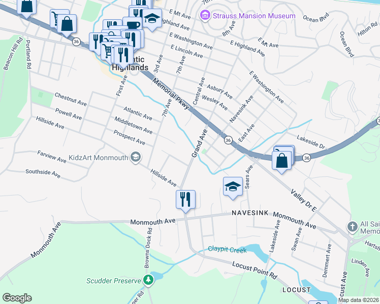 map of restaurants, bars, coffee shops, grocery stores, and more near 163 Grand Avenue in Atlantic Highlands