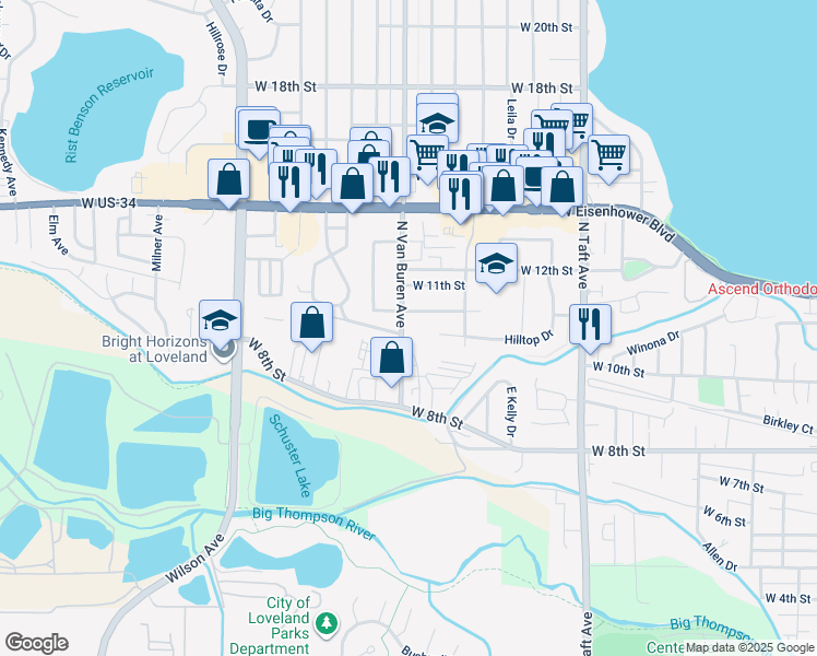 map of restaurants, bars, coffee shops, grocery stores, and more near 1816 West 10th Street in Loveland