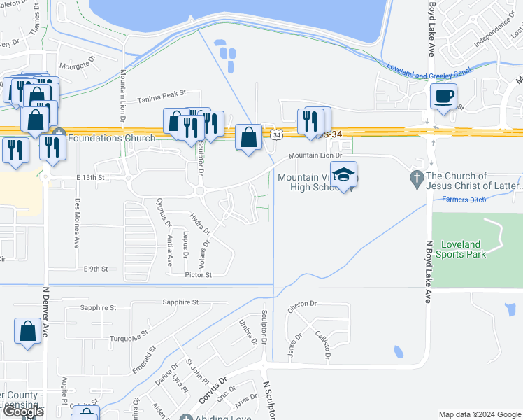 map of restaurants, bars, coffee shops, grocery stores, and more near 3080 Mountain Lion Drive in Loveland