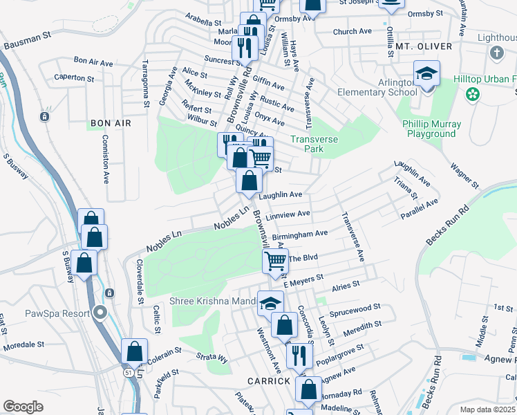 map of restaurants, bars, coffee shops, grocery stores, and more near 1213 Brownsville Road in Pittsburgh