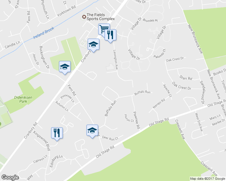 map of restaurants, bars, coffee shops, grocery stores, and more near 24 Cherokee Road in East Brunswick