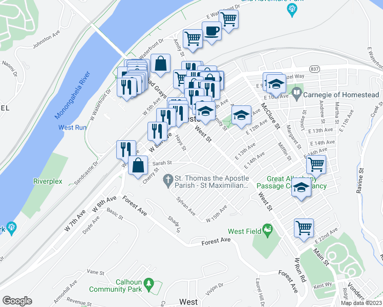map of restaurants, bars, coffee shops, grocery stores, and more near 150 West 10th Avenue in Homestead