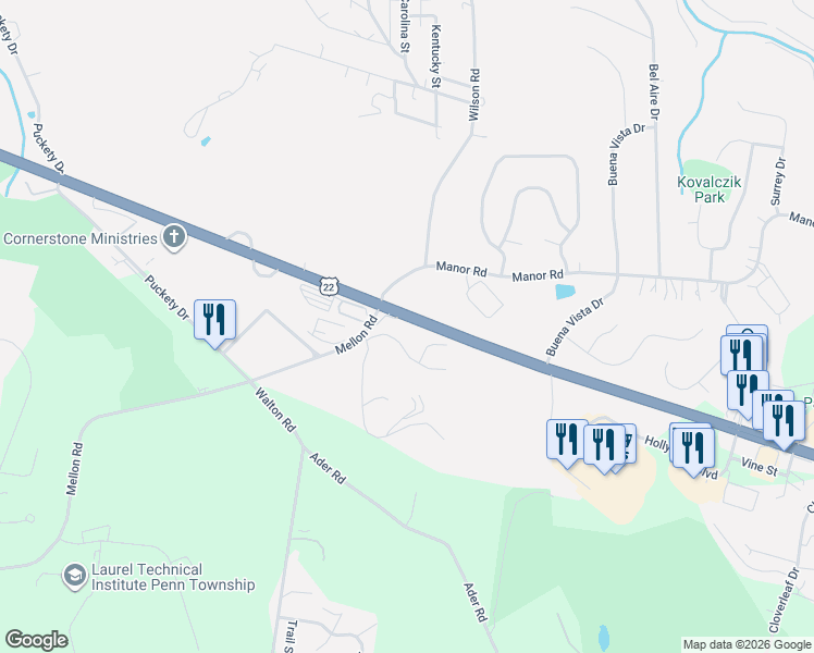 map of restaurants, bars, coffee shops, grocery stores, and more near 6371 William Penn Hwy in Harrison City