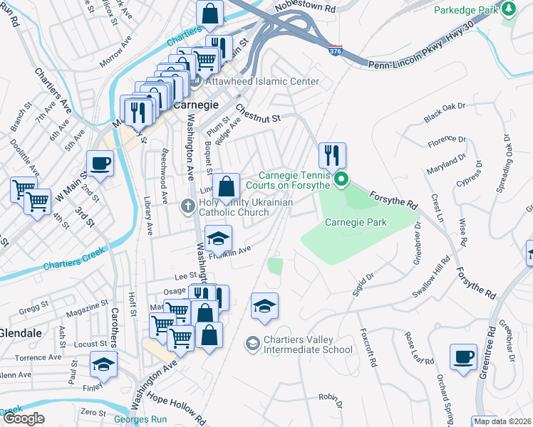 map of restaurants, bars, coffee shops, grocery stores, and more near 22 Federal Avenue in Carnegie