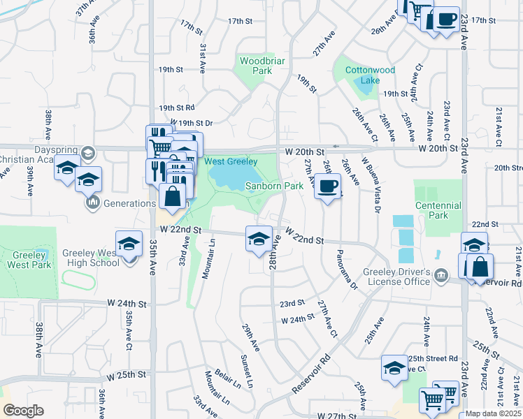 map of restaurants, bars, coffee shops, grocery stores, and more near 2126 28th Avenue Court in Greeley