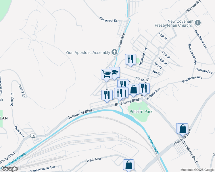 map of restaurants, bars, coffee shops, grocery stores, and more near 400 Eleanor Street in Pitcairn